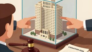 Руки претендентов у макета дома и судейский молоток в споре о праве собственности на наследство кассация 2026